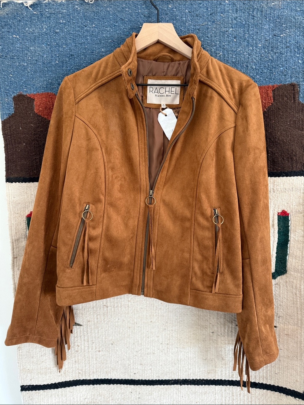 RACHEL Suede Fringe Zip Moto Jacket in Cognac Brown
